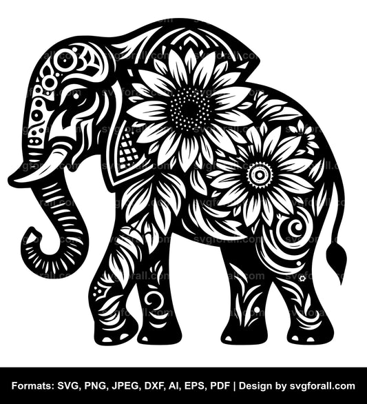 Elephant With Sunflower Black SVG