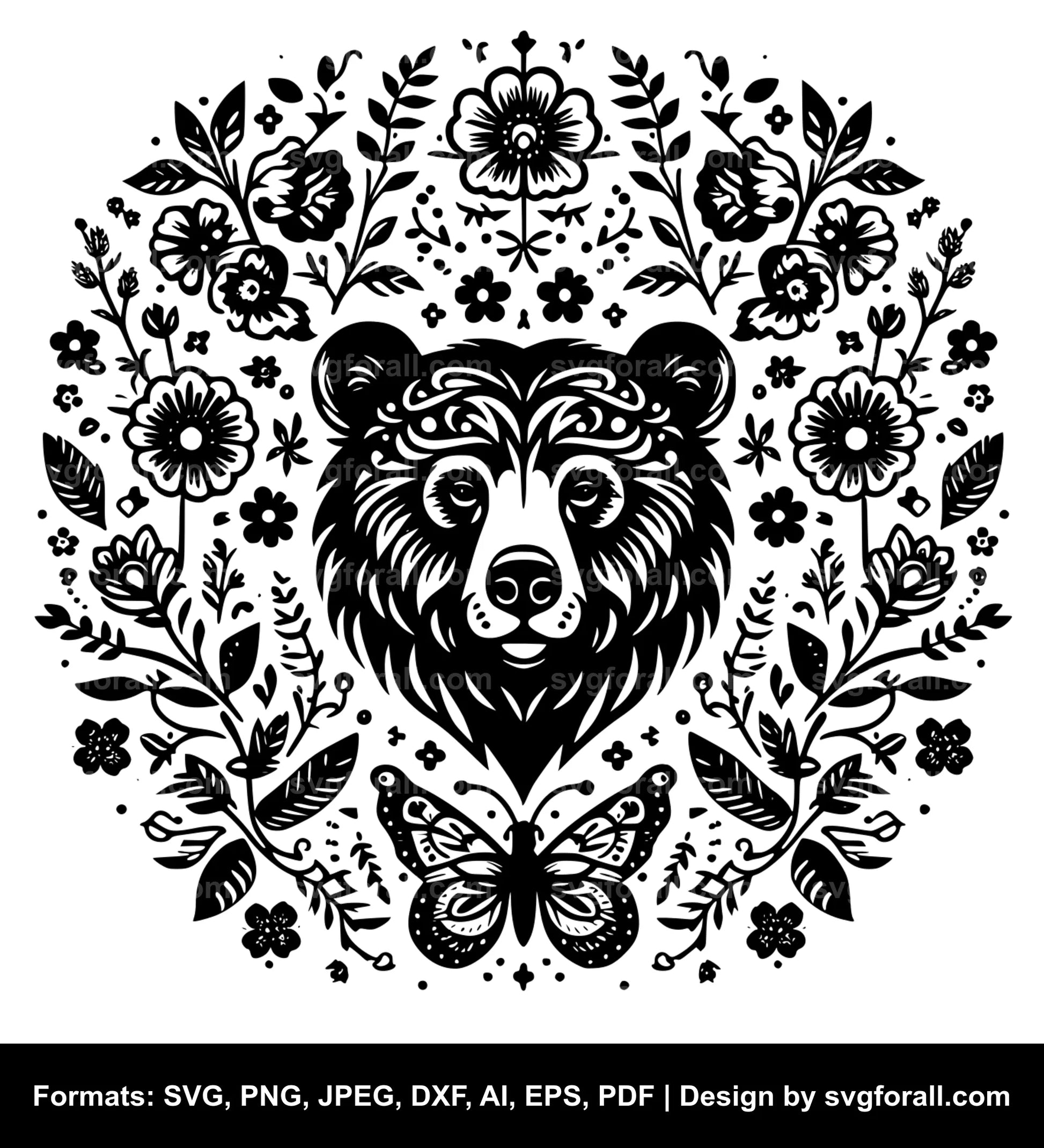 Floral Bear Black SVG