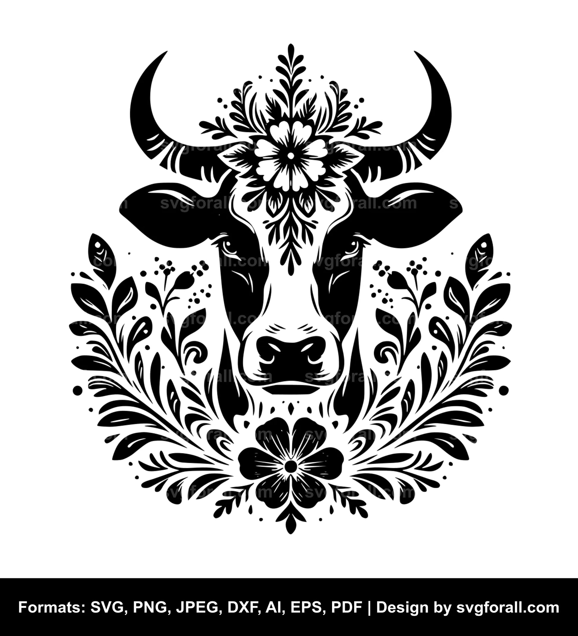 Floral Cow Black SVG