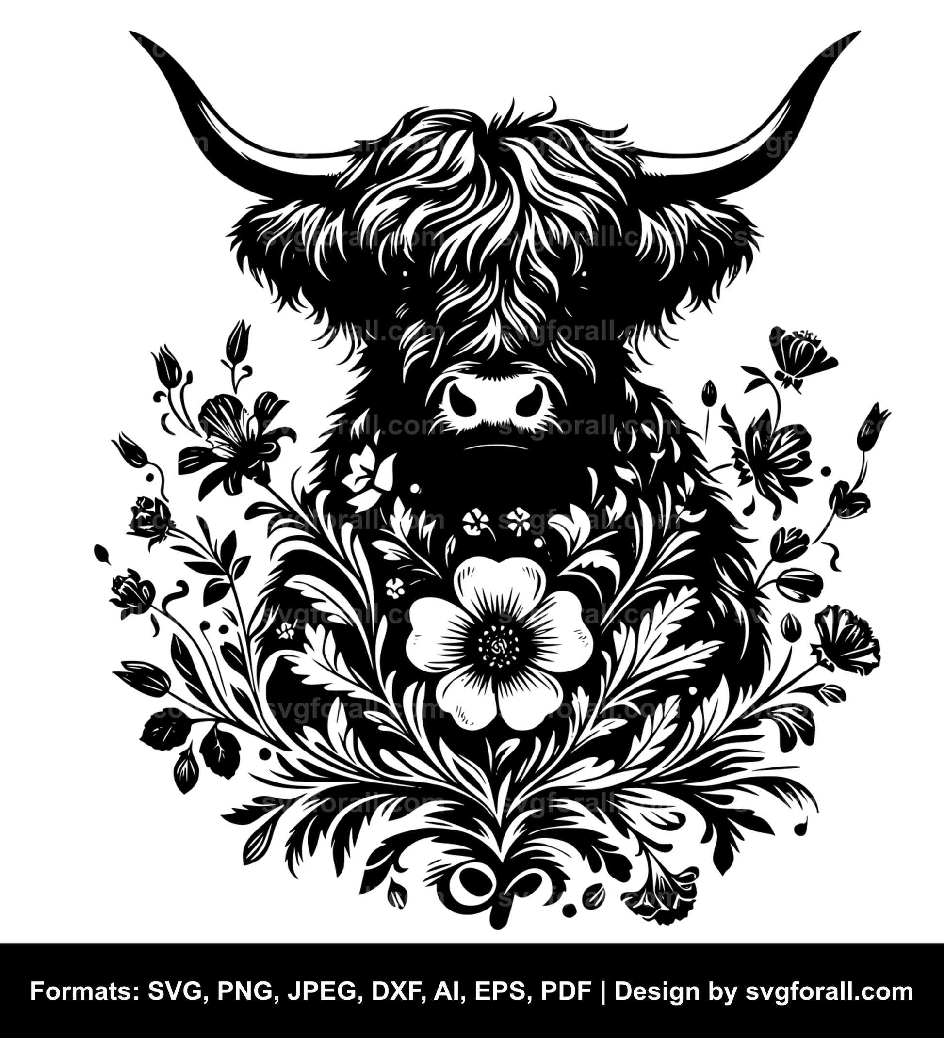 Floral Highland Cow Black SVG