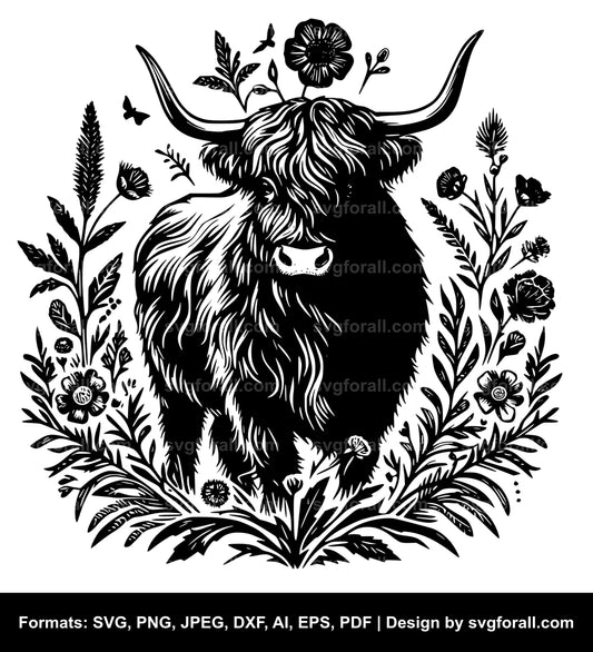 Floral Highland Cow SVG Vector