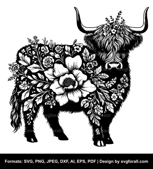 Floral Highland Cow Vector SVG