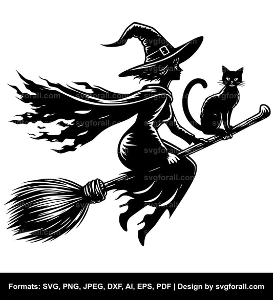 Flying Witch On Broom With Cat Black SVG