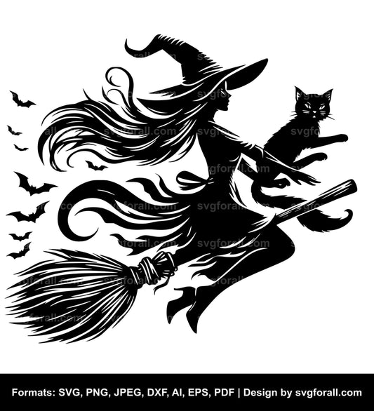 Flying Witch On Broom With Cat SVG PNG