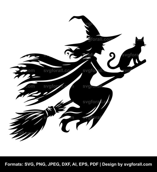 Flying Witch On Broom With Cat Vector SVG