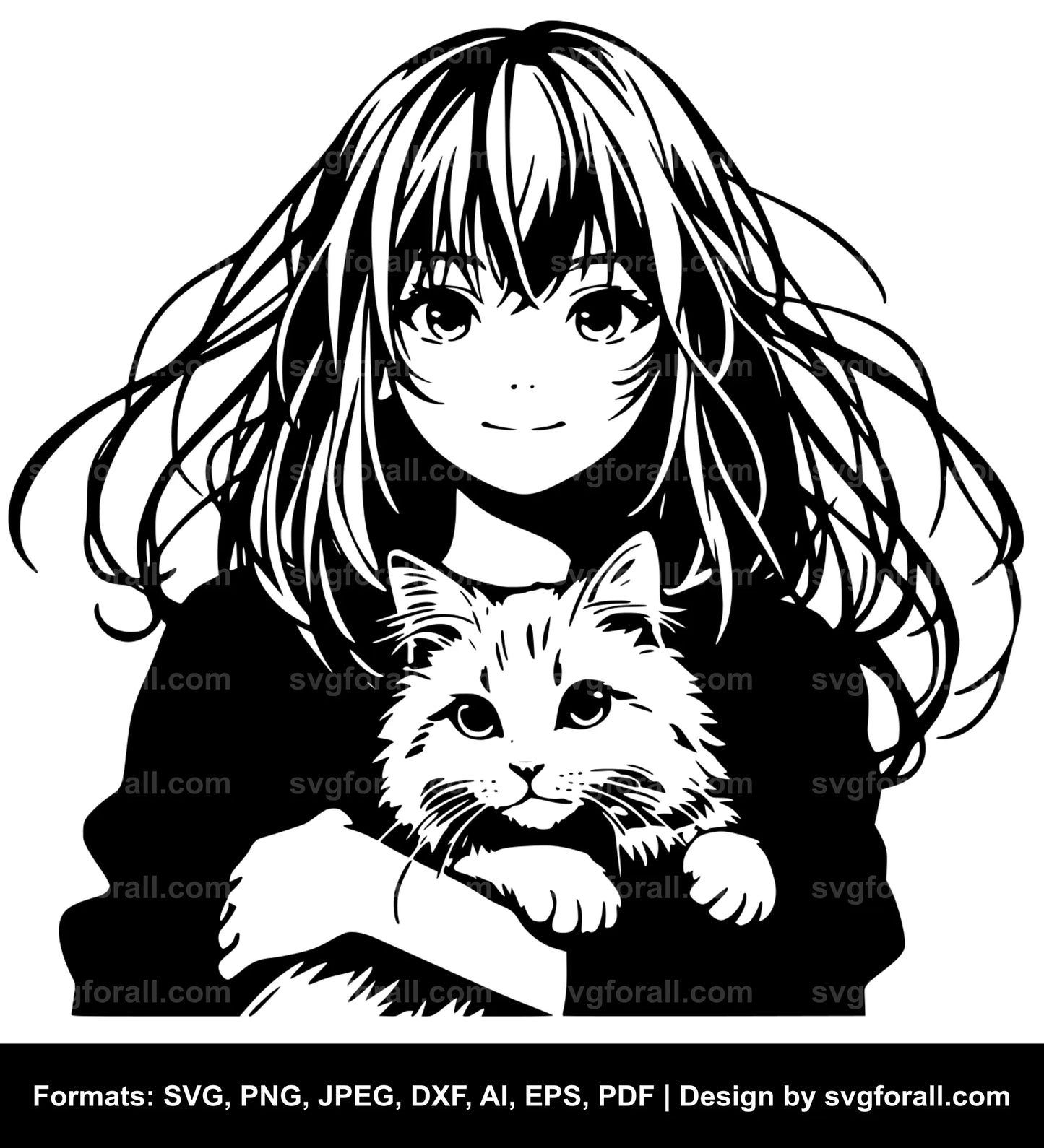 Girl Holding Cat Black SVG