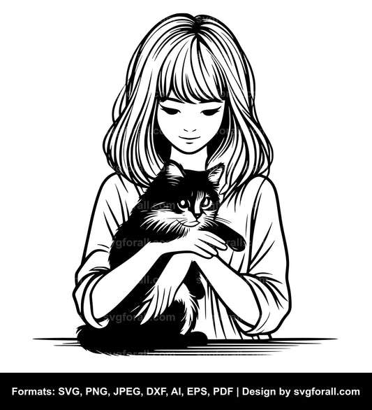 Girl Holding Cat Clipart SVG