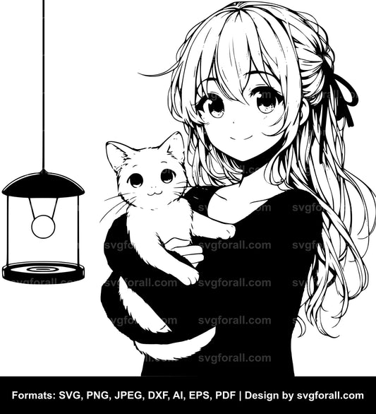 Girl Holding Cat SVG Clipart