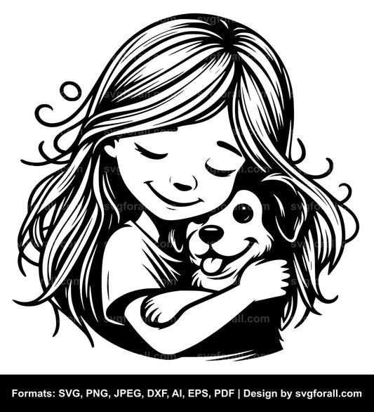 Girl Hugging Dog Black SVG