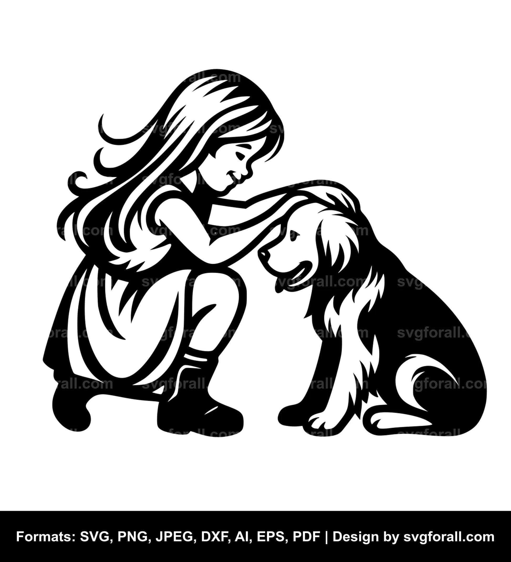 Girl Petting Dog Black SVG