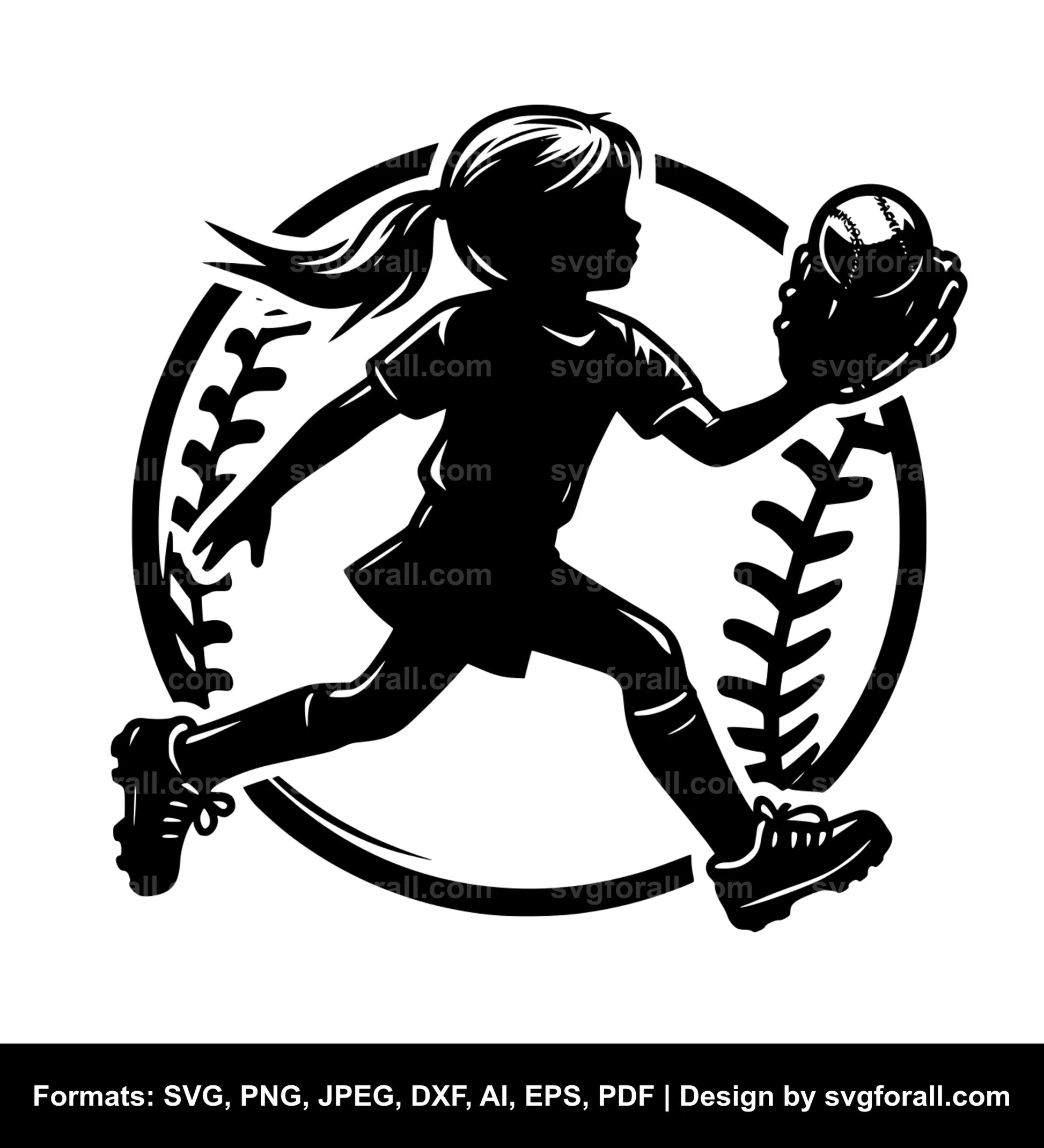 Girl Playing Baseball Black SVG