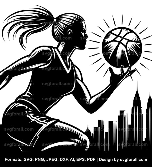 Girl Playing Basketball Black SVG