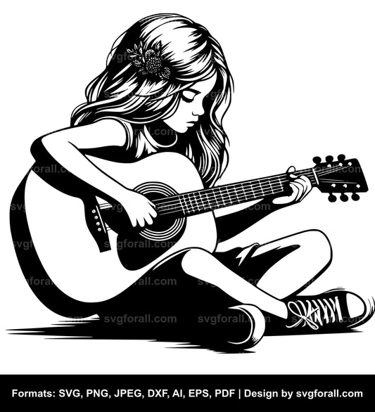 Girl Playing Guitar Black SVG