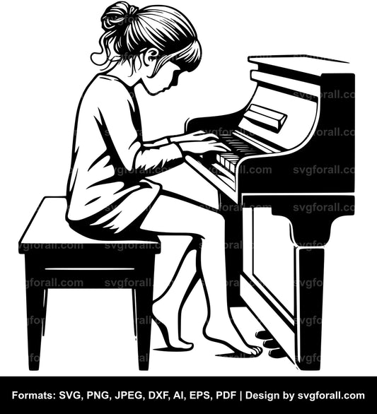 Girl Playing Piano Black SVG