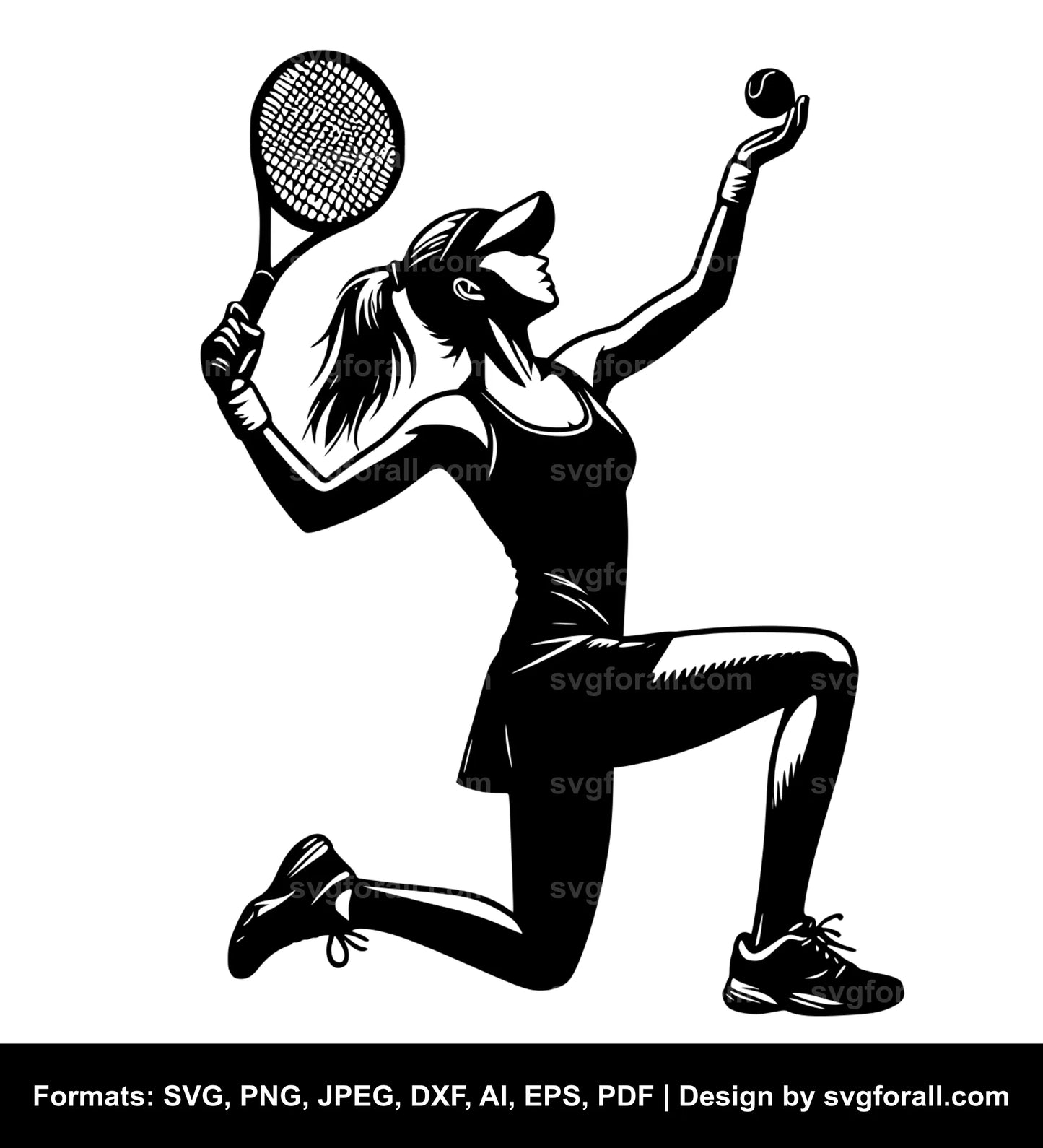 Girl Playing Tennis Black SVG