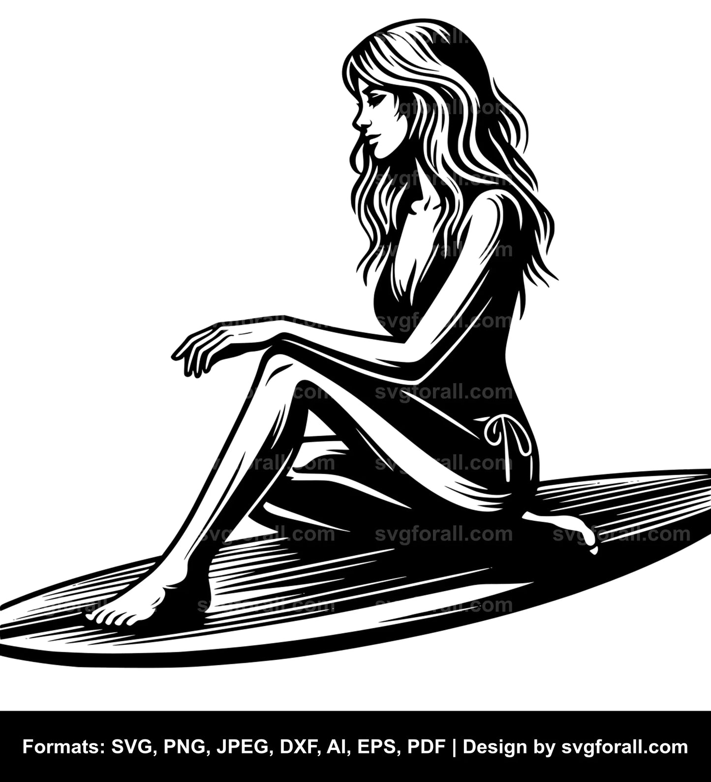 Girl Surfing Black SVG