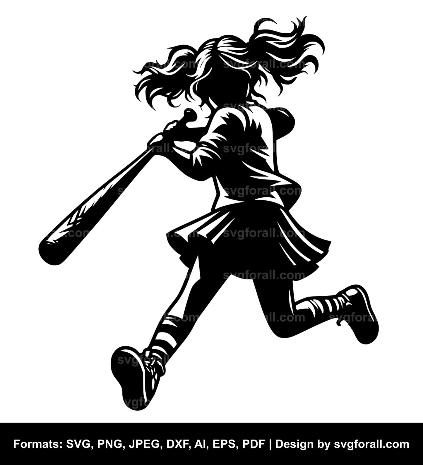 Girl Swinging Bat Black SVG