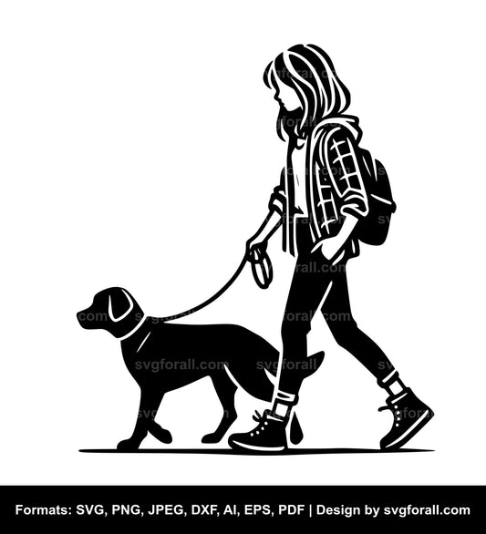 Girl Walking Dog Black SVG