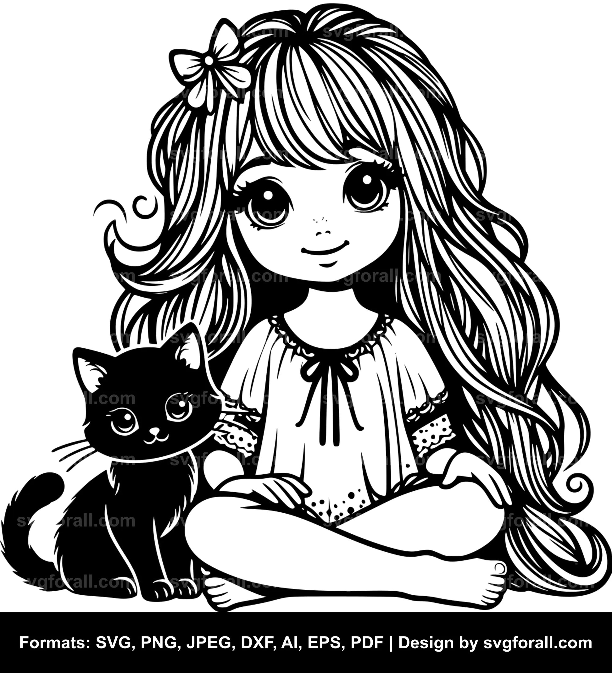 Girl With Cat Black SVG