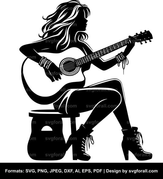 Girl With Guitar Black SVG