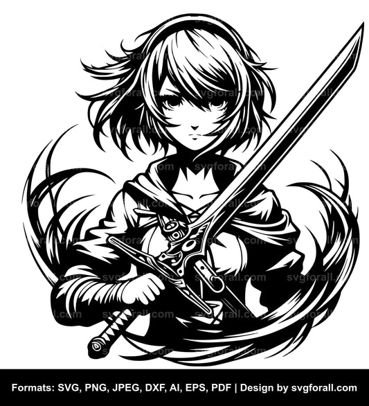 Girl With Sword Black SVG