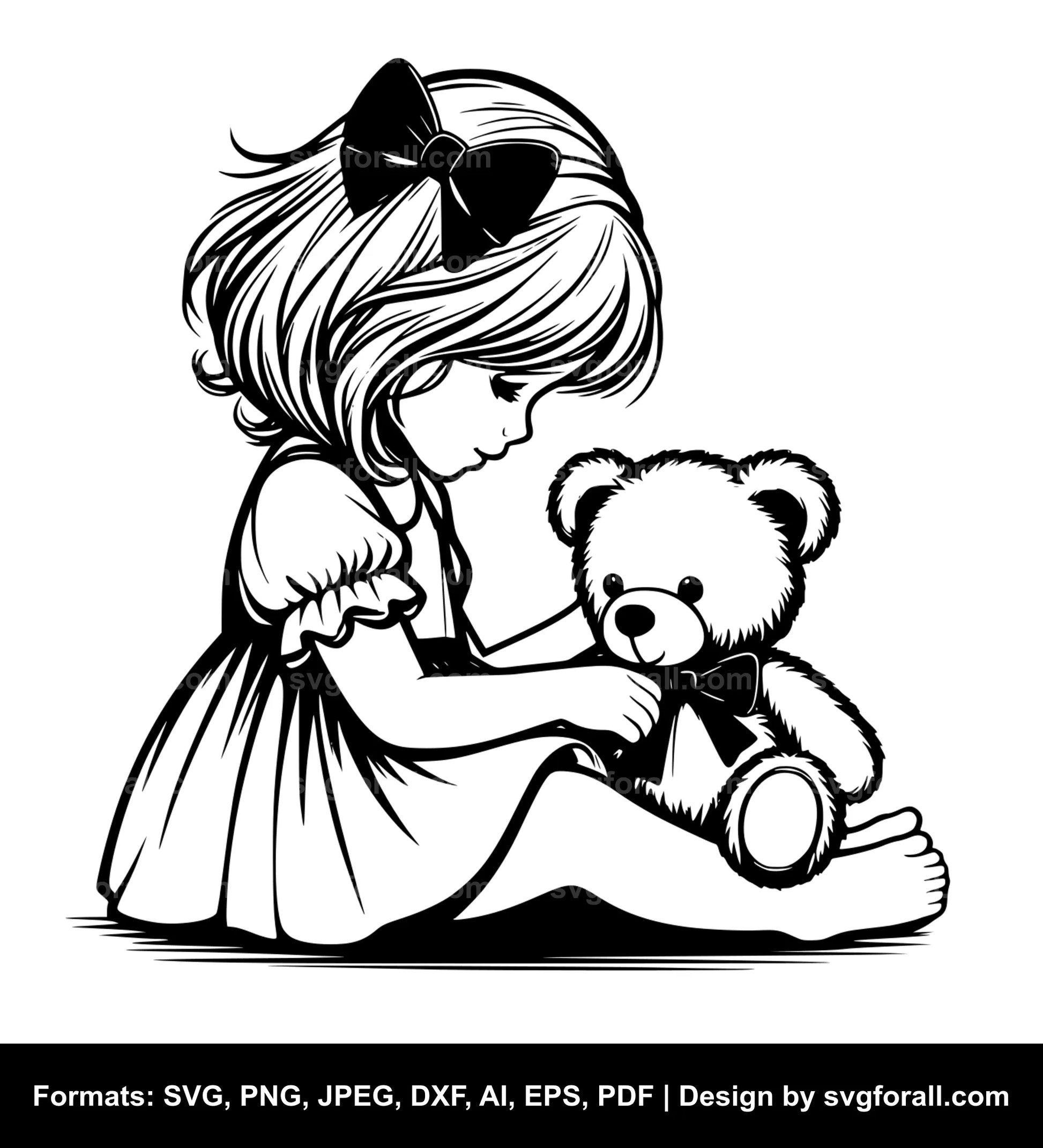 Girl With Teddy Bear Black SVG