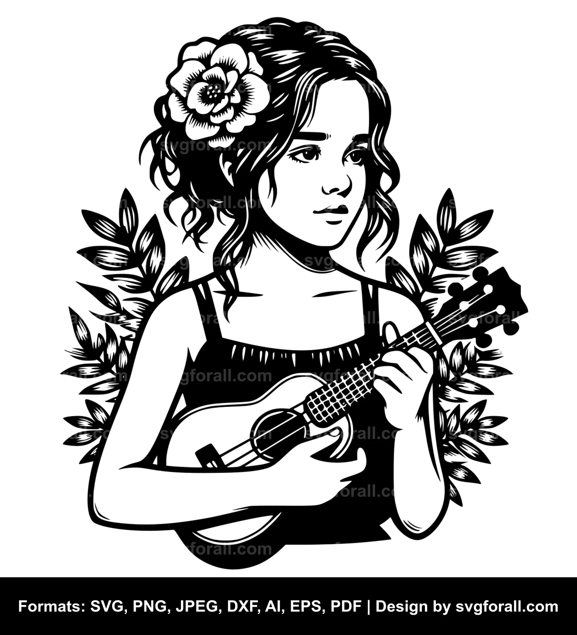 Girl With Ukulele Black SVG