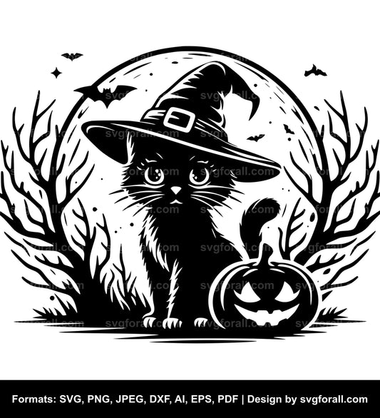 Halloween Cat With Witch Hat SVG Vector