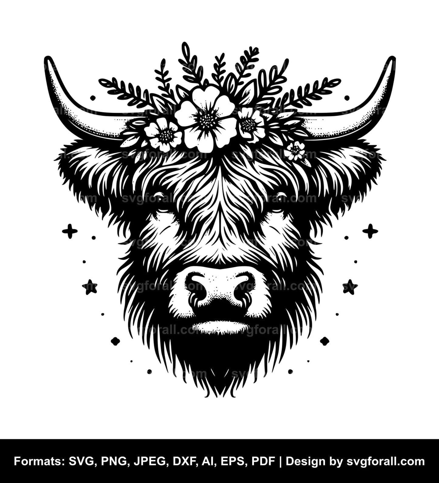 Highland Cow With Flower Crown Black SVG