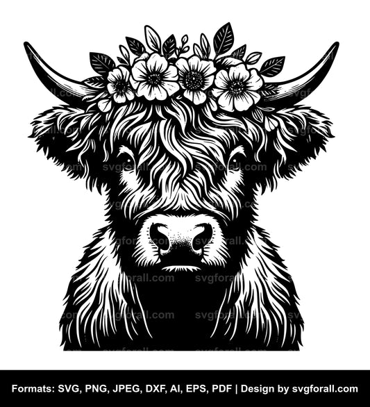 Highland Cow With Flower Crown SVG File