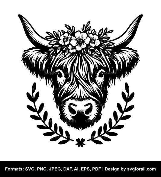 Highland Cow With Flower Crown SVG PNG