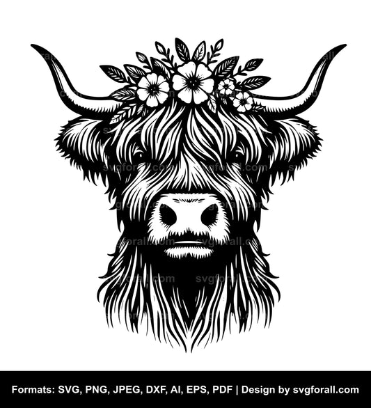 Highland Cow With Flower Crown SVG Vector