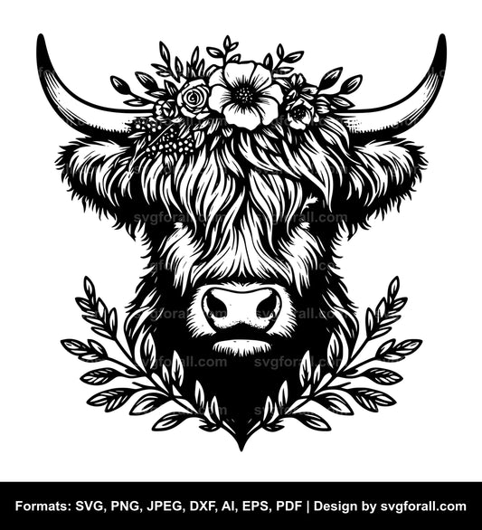 Highland Cow With Flower Crown Vector SVG