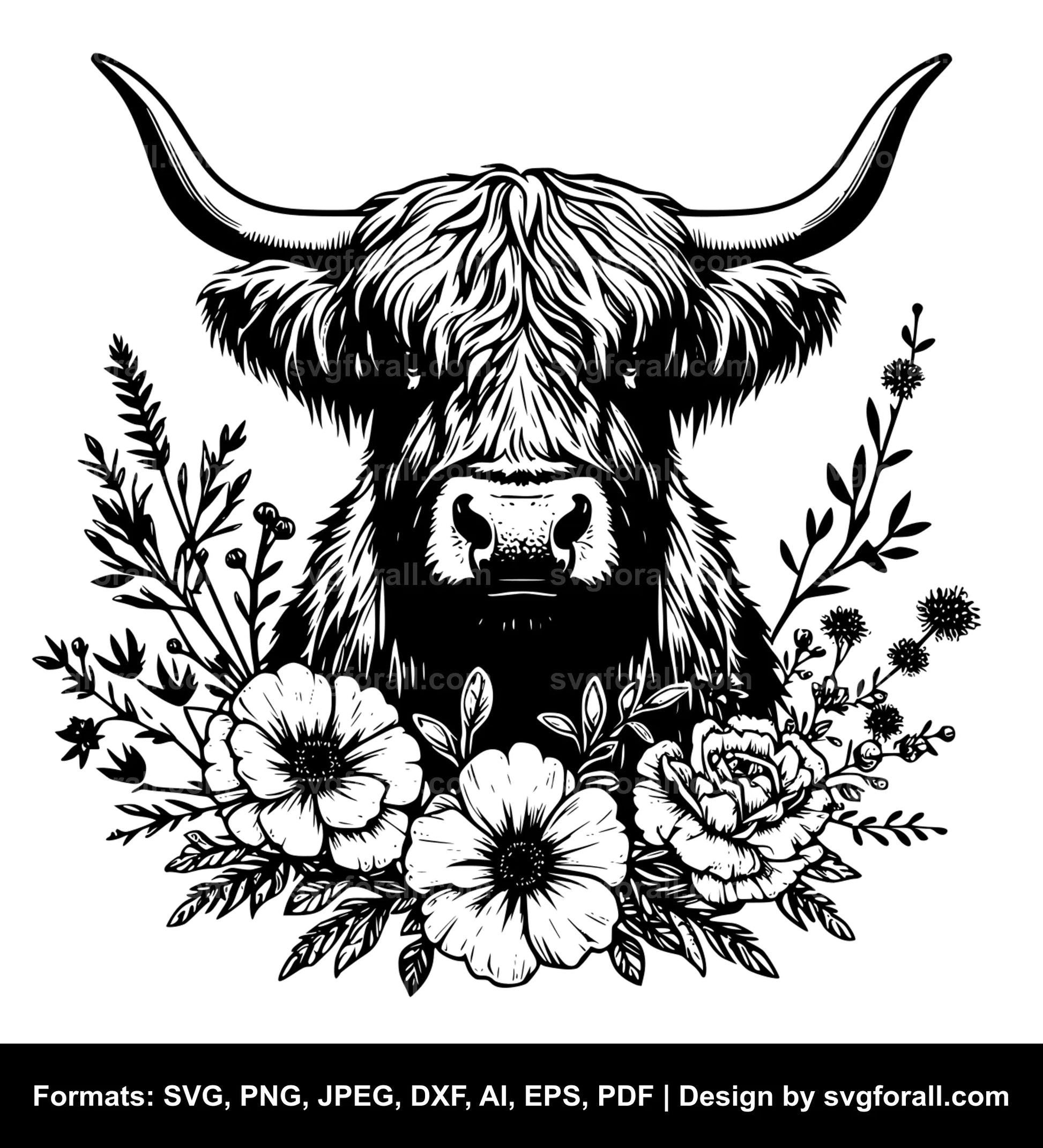 Highland Cow With Flowers Black SVG