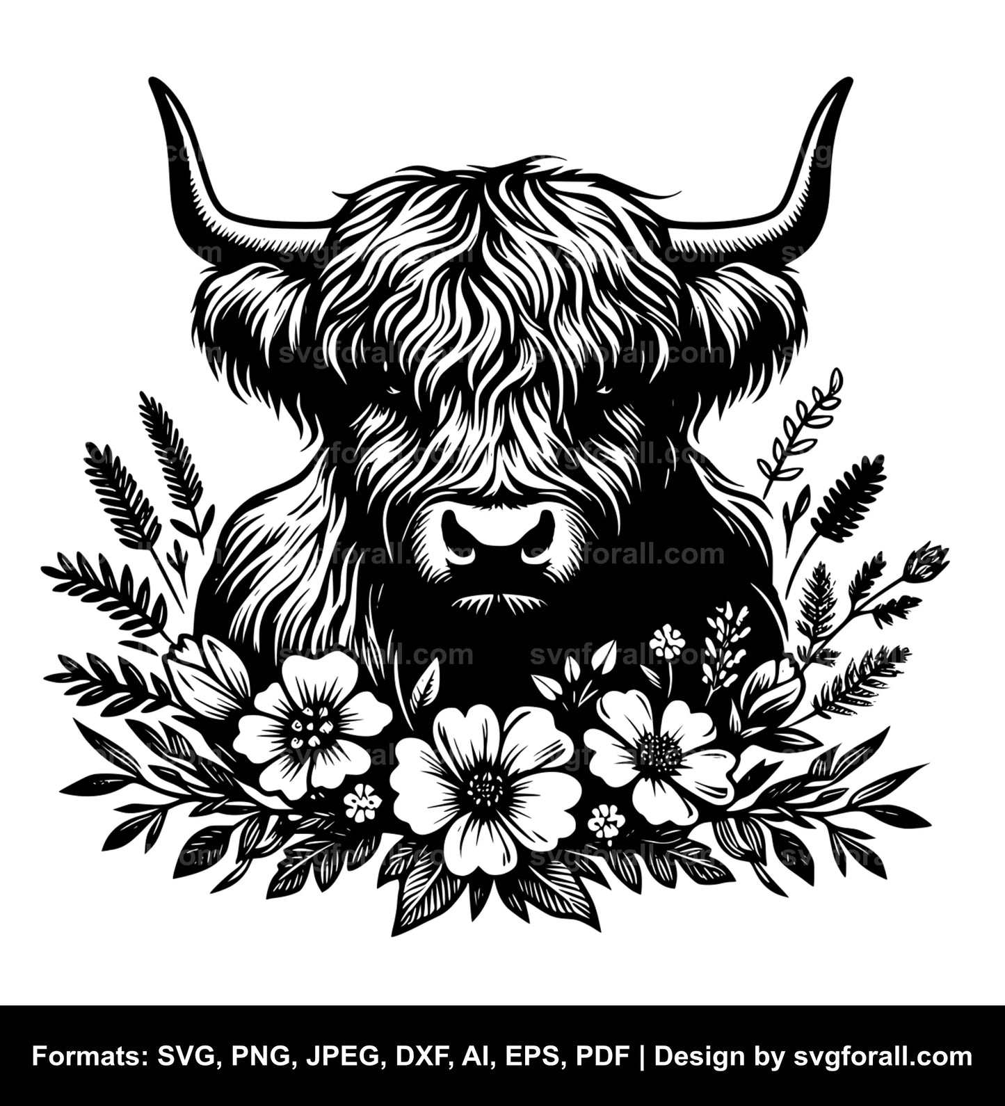 Highland Cow With Flowers SVG Design