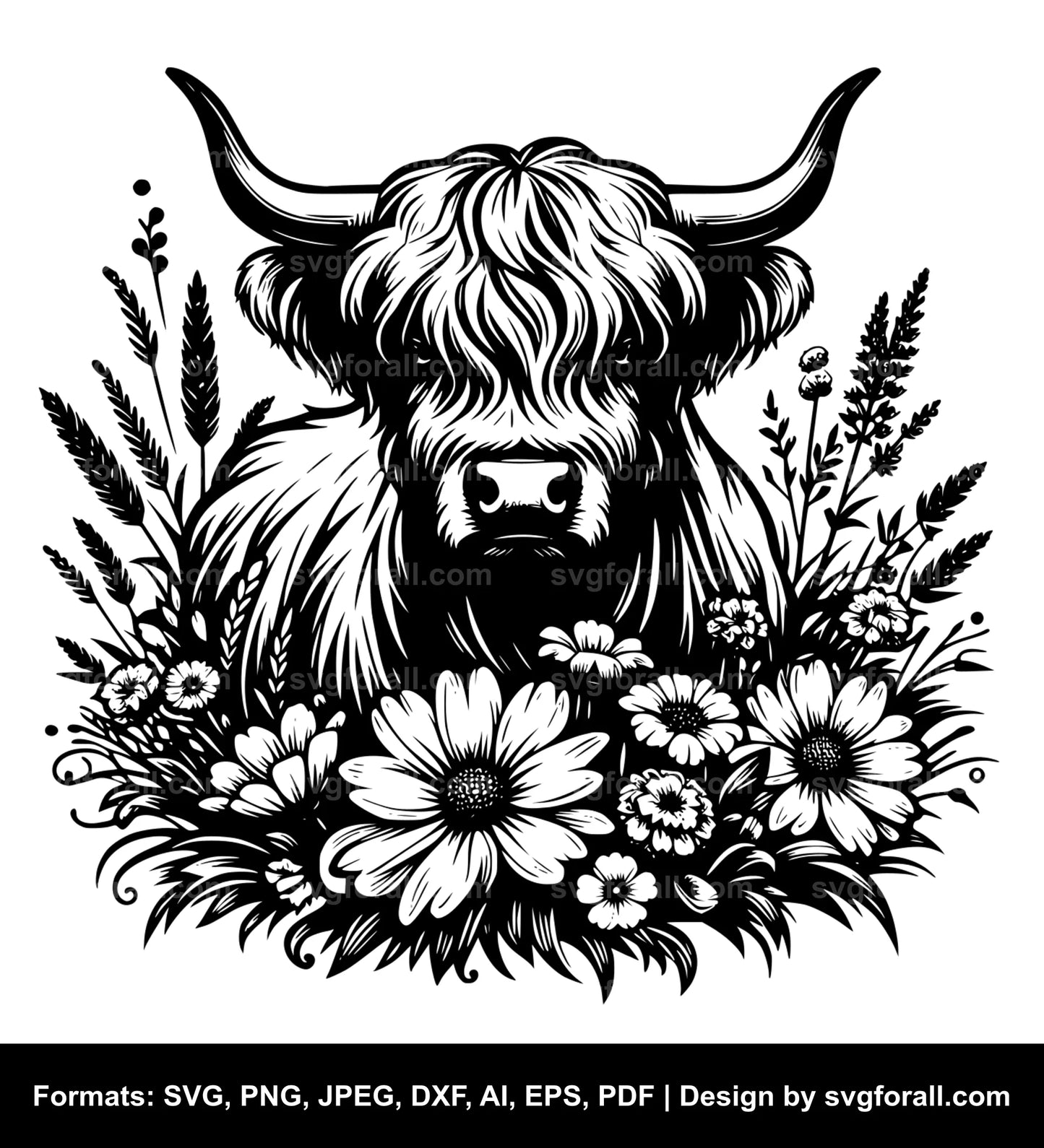 Highland Cow With Flowers SVG File