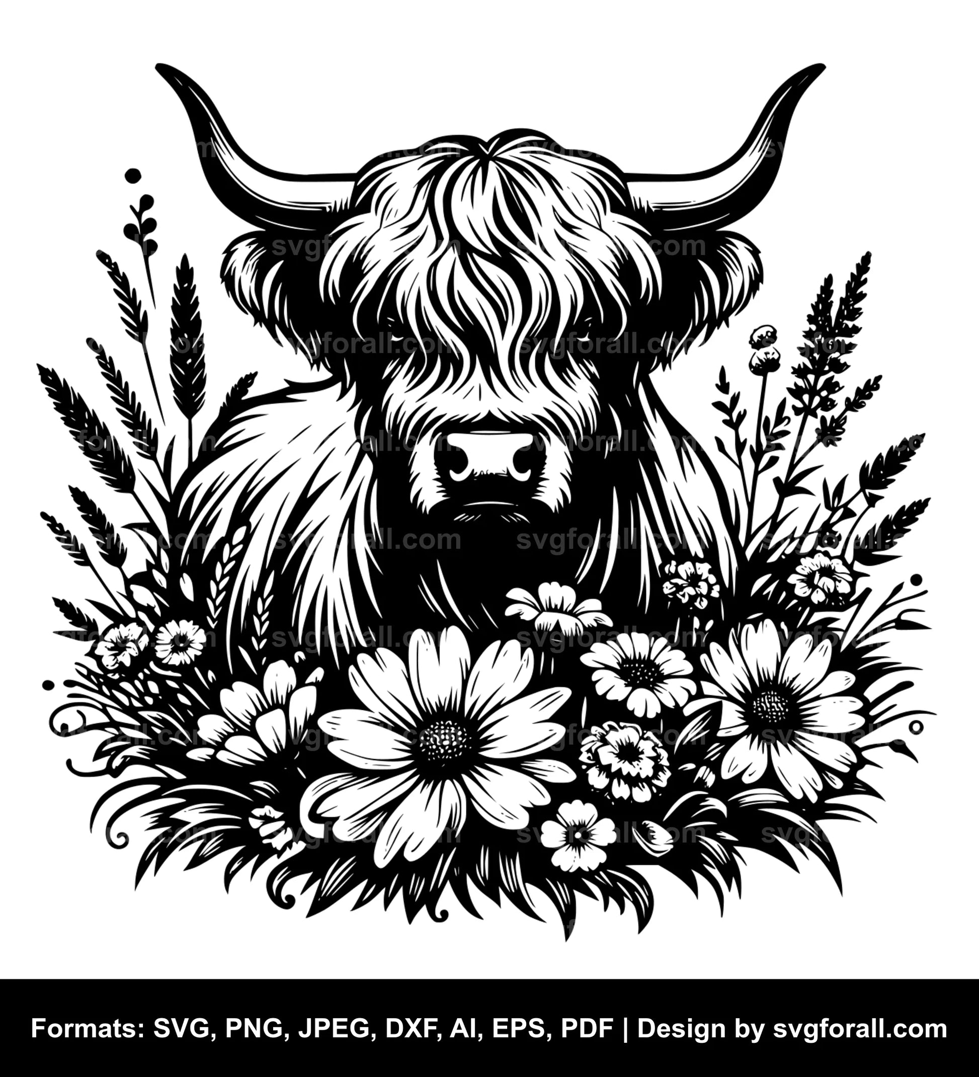 Highland Cow With Flowers SVG File