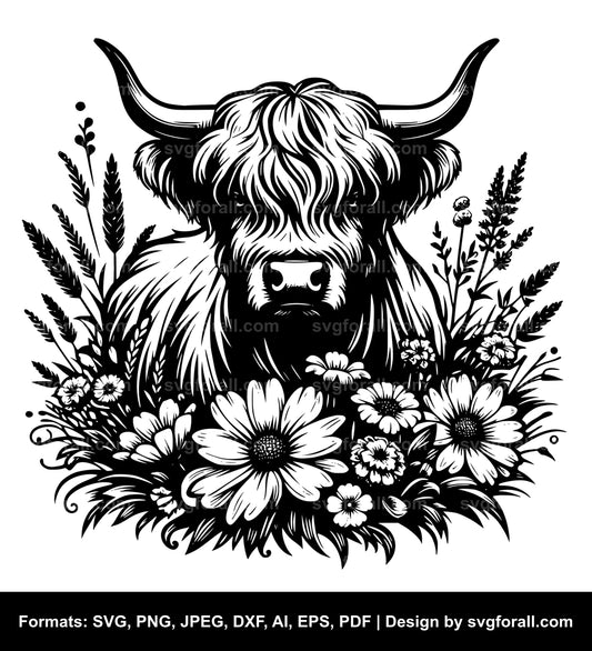 Highland Cow With Flowers SVG File