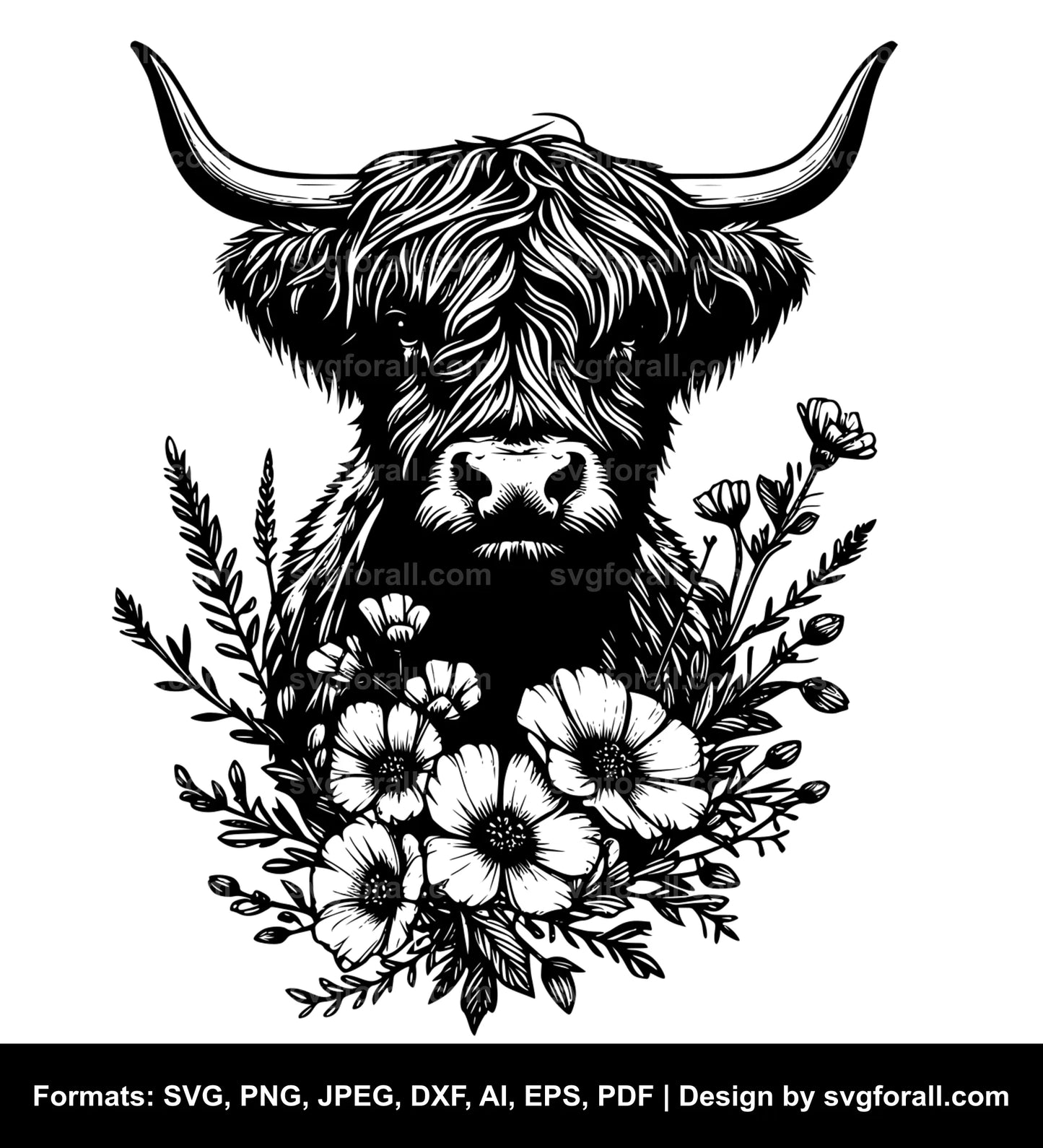 Highland Cow With Flowers SVG Vector