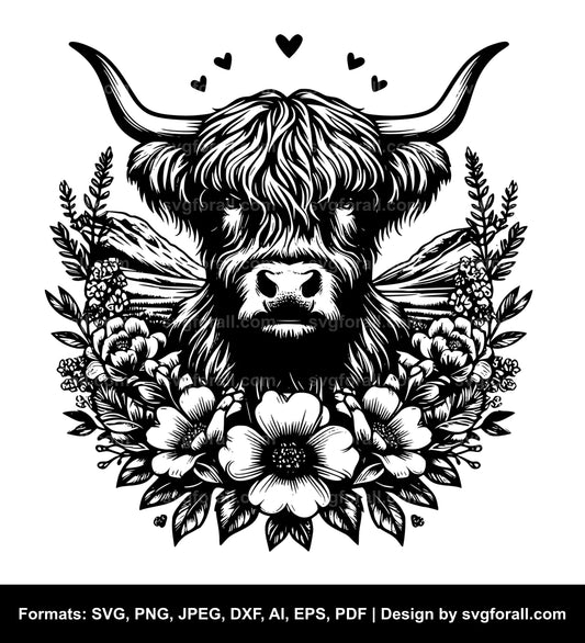 Highland Cow With Flowers Vector SVG