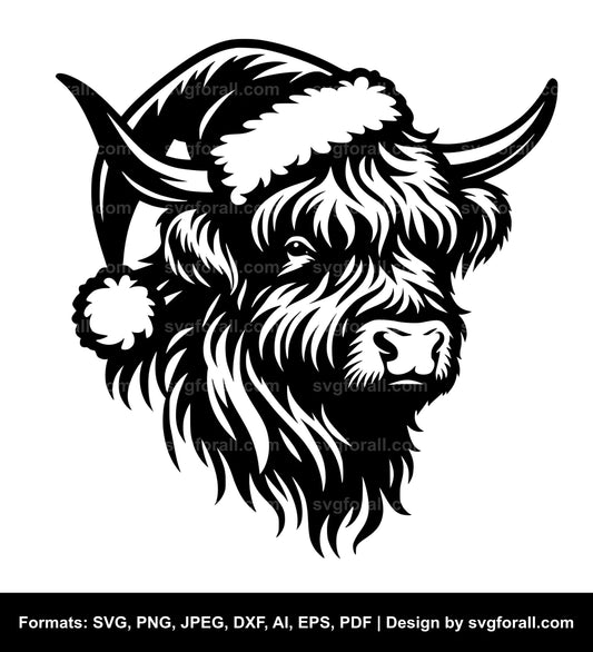 Highland Cow With Santa Hat Black SVG