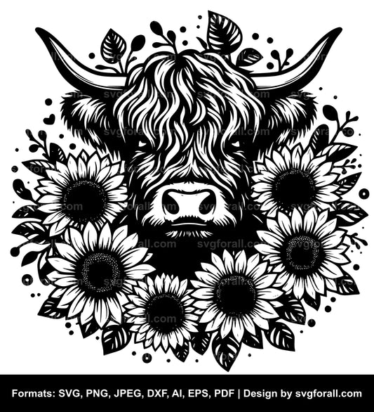 Highland Cow With Sunflowers Black SVG