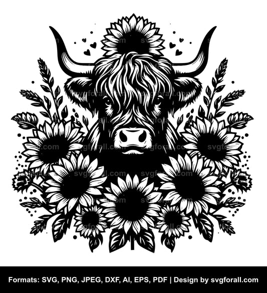 Highland Cow With Sunflowers SVG PNG