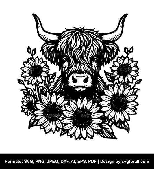 Highland Cow With Sunflowers SVG Vector