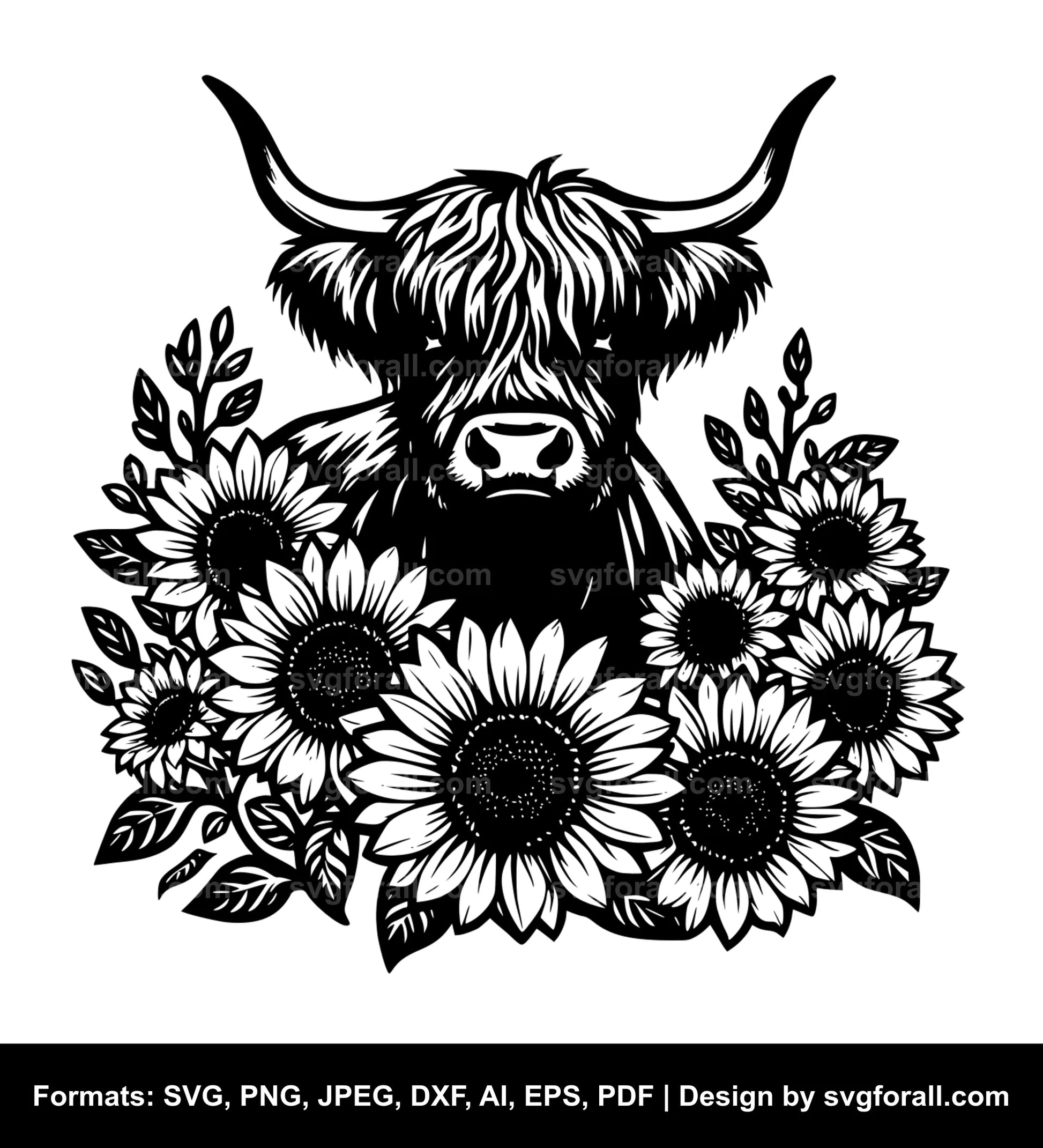 Highland Cow With Sunflowers Vector SVG