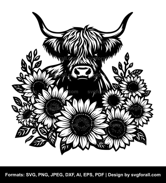 Highland Cow With Sunflowers Vector SVG