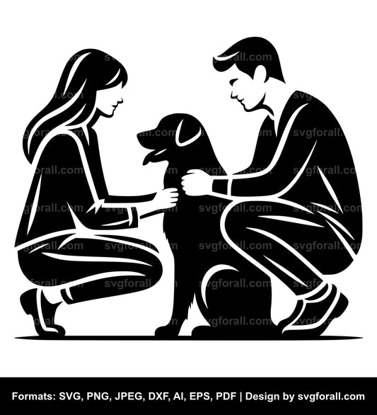 Man And Woman With Dog Black SVG