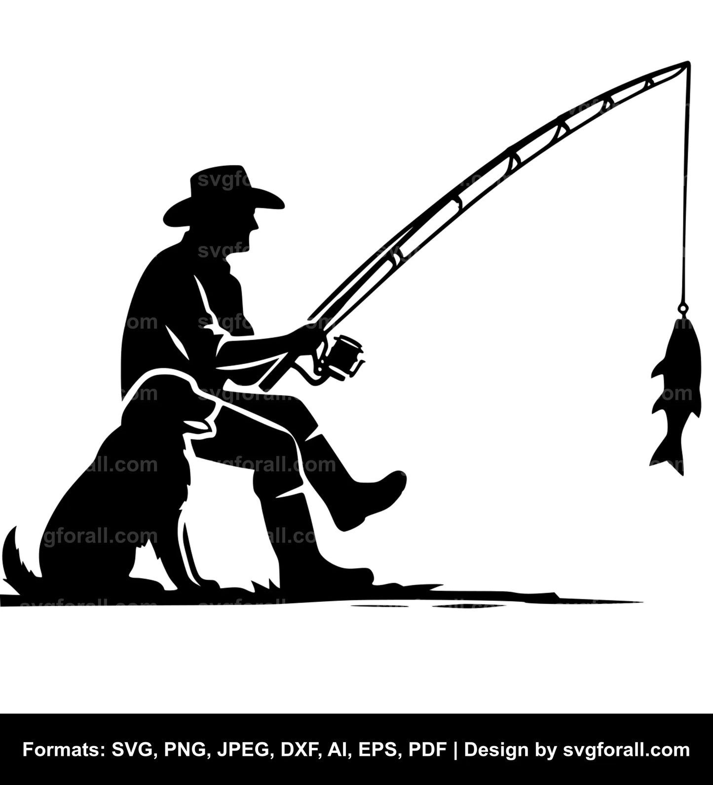 Man Fishing With Dog Black SVG