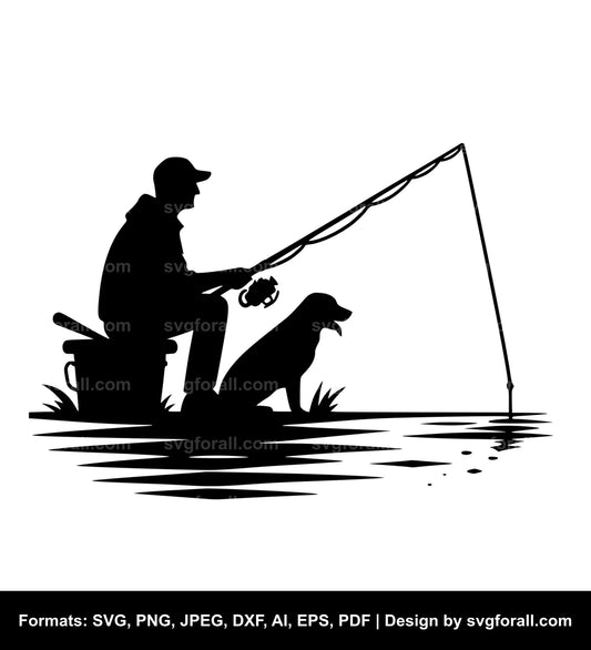 Man Fishing With Dog Vector SVG