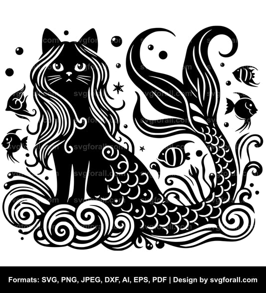 Mermaid Cat Black SVG